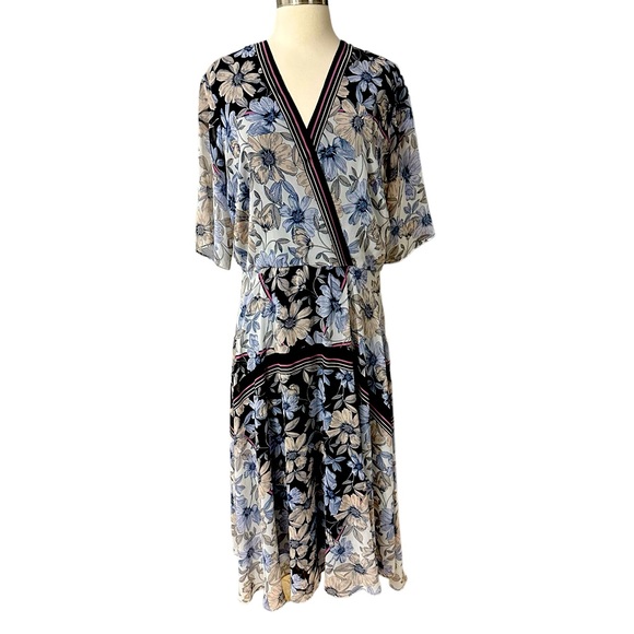 Maison Tara Blue Pink Black Tan Gray Floral Nouveau Chiffon Midi Dress Size 14 - Picture 2 of 12
